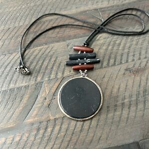 Black Pendant Necklace with Leather Cord